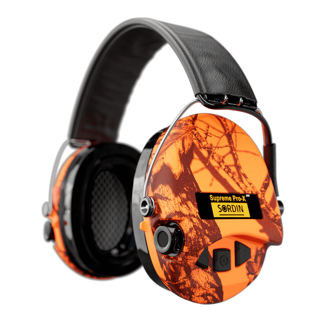 Sordin střelecká sluchátka Supreme Pro-X LED - oranž. camo mušle, č. kůže, gel. náušníky, LED světlo